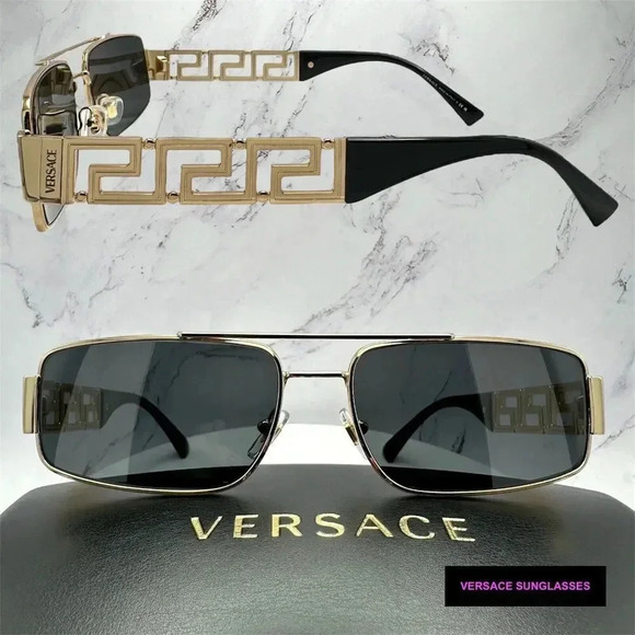Versace Sunglasses Gold Rectangle Metal Logo Black Retro Italy 100% Authentic - Picture 15 of 16